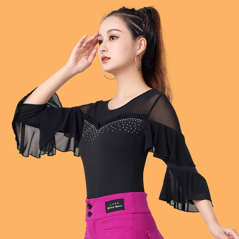 2025新款拉丁舞上衣成人女长袖秋冬季摩登舞交谊舞练功广场舞蹈服