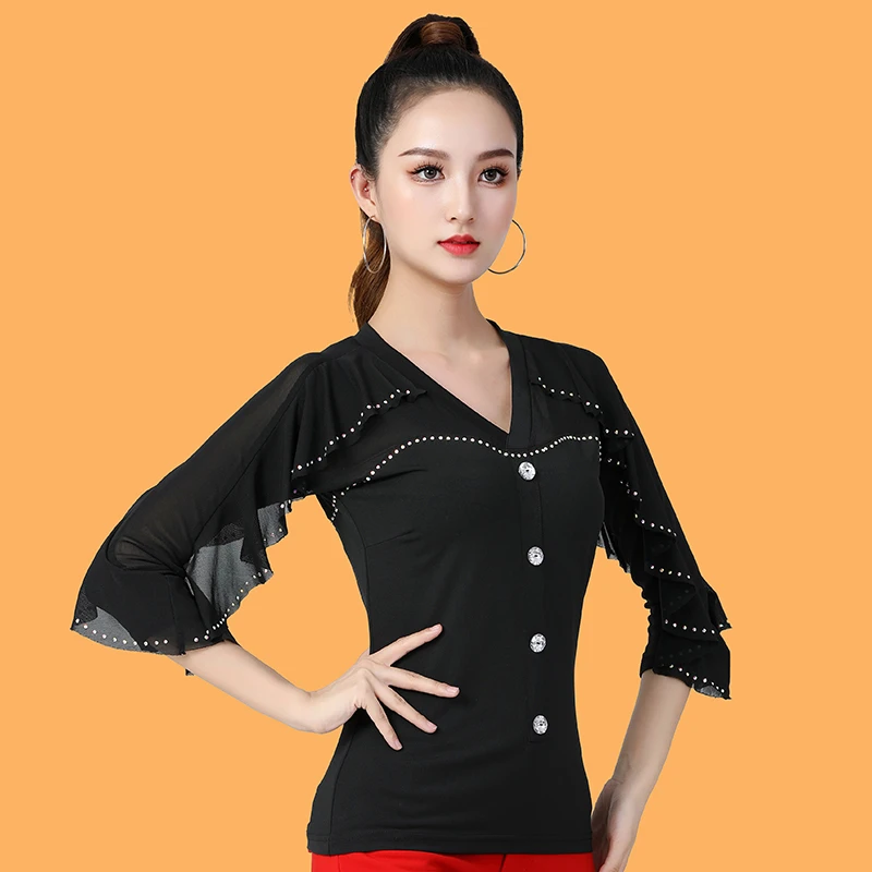 国标摩登舞V领上衣女新款镶钻拉丁舞专业练功服吉特巴华尔兹舞衣