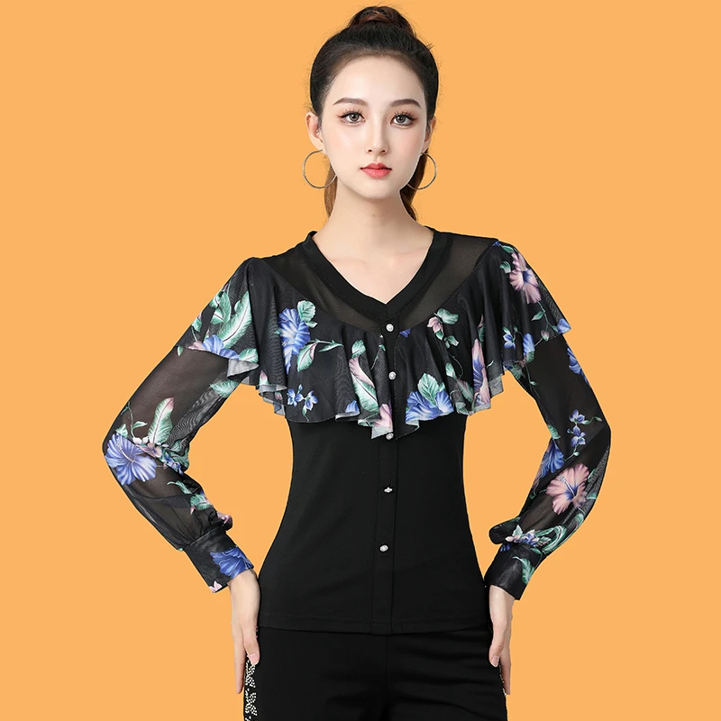 新款摩登舞上衣国标交谊舞服装女成人拉丁舞上装练习形体服