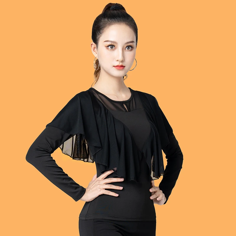 华尔兹舞服国标摩登舞新款短袖女成年舞蹈上衣交谊舞拉丁舞练功服