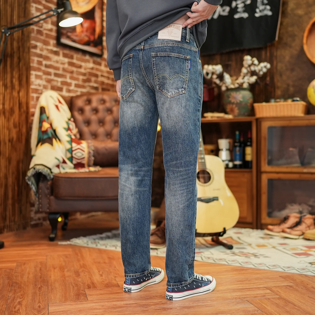 男士重磅赤耳丹宁牛仔裤春秋经典刺绣微弹修身直筒裤舒适百搭男装