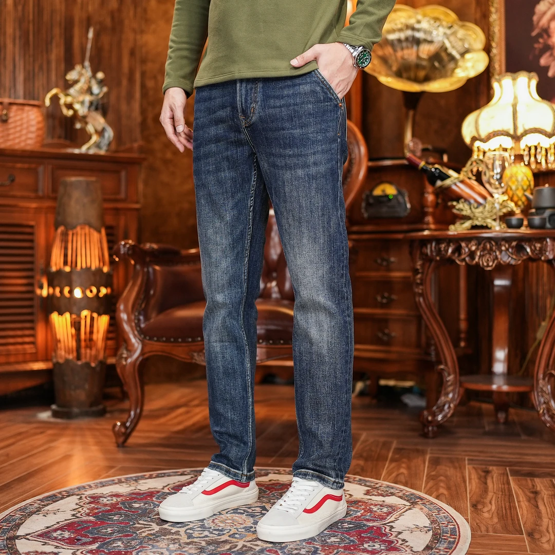 春秋新款斜插口袋牛仔裤男士高端重工水洗大牛弹力修身显瘦男裤子
