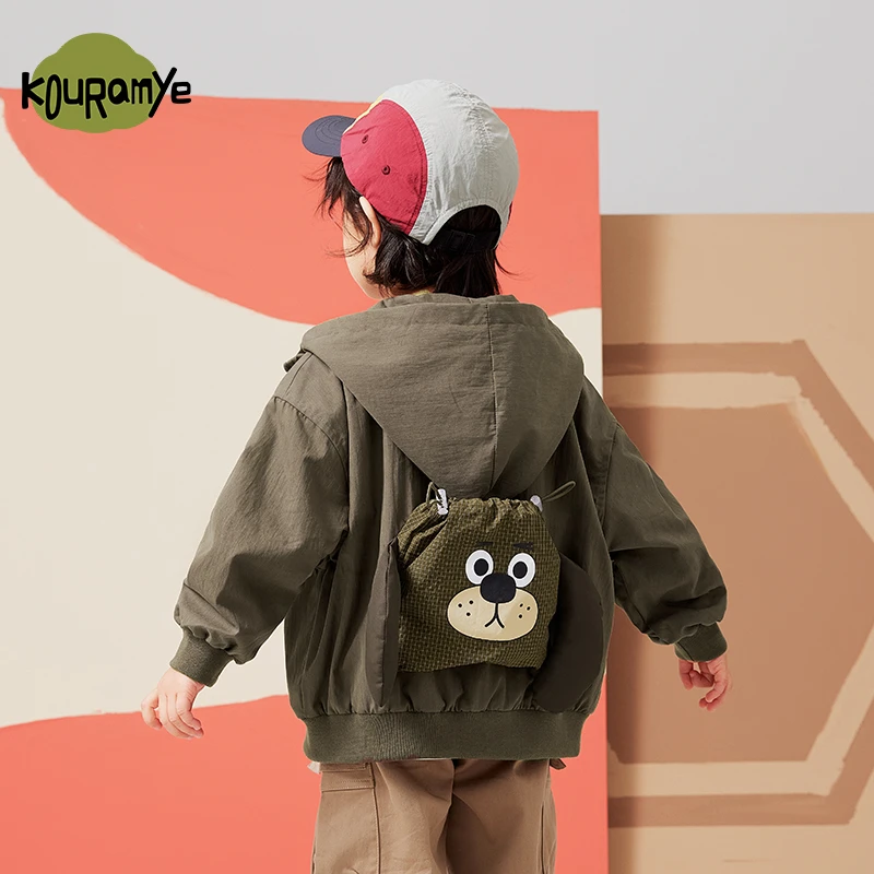 酷娃米2024年秋季新款中小男童舒适百搭小熊口袋连帽外套20590