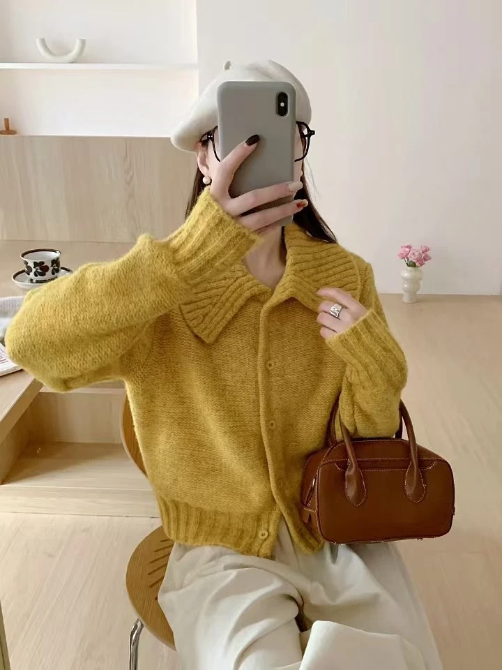 2024冬季新款慵懒高级翻领纯色毛衫针织开衫长袖洋气衣服女毛衣95