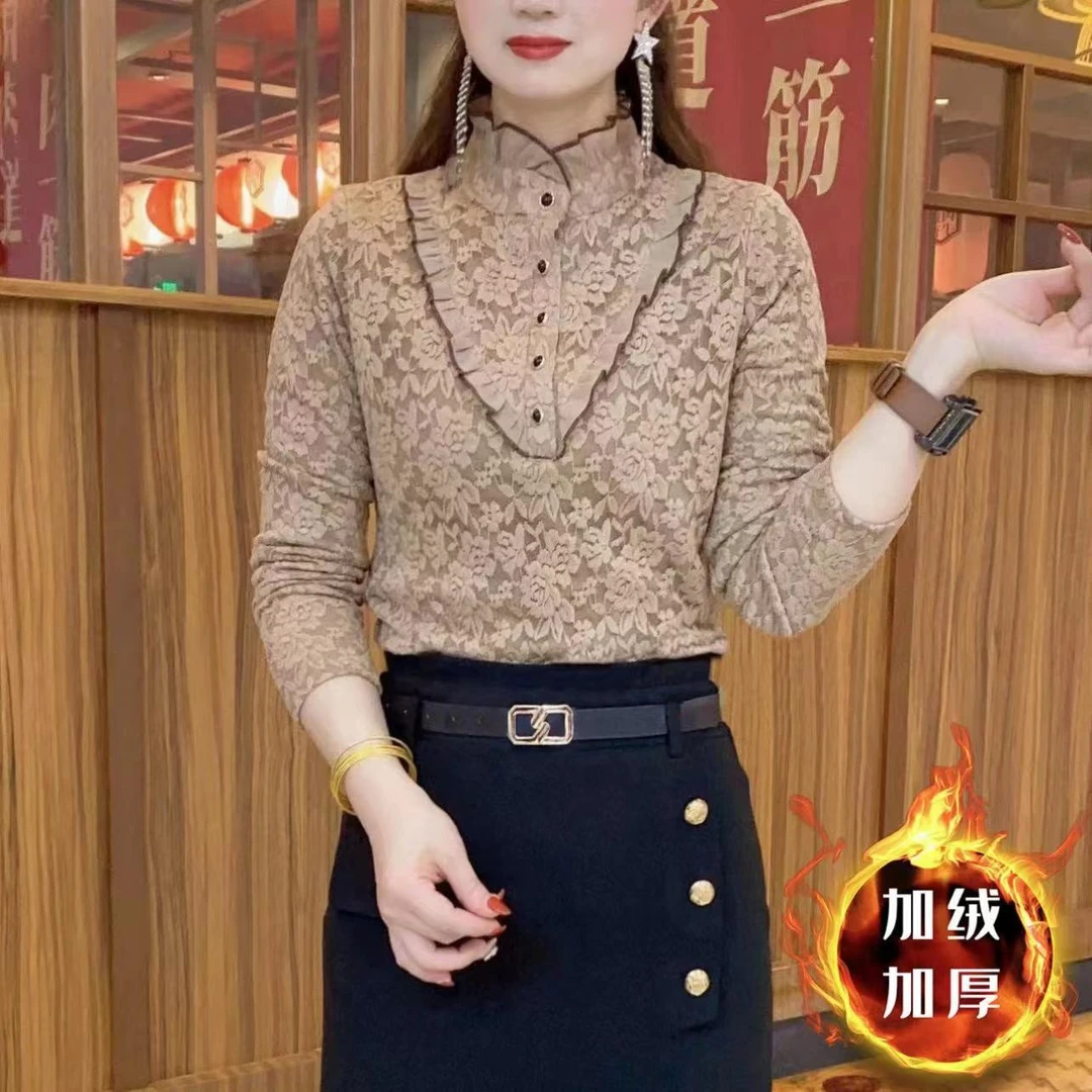 2023秋冬新款时尚洋气加绒保暖半高领气质百搭显瘦蕾丝长袖上衣