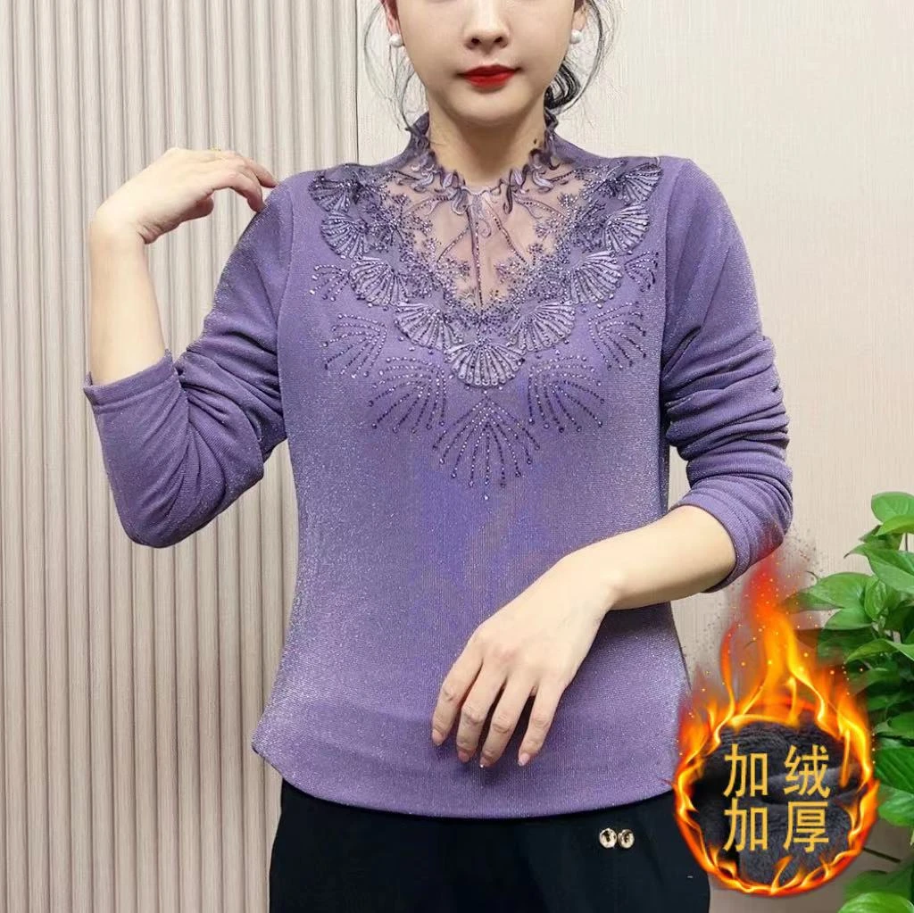 2023秋冬新款加绒加厚时尚洋气气质特色花边领纯色显瘦百搭女小衫