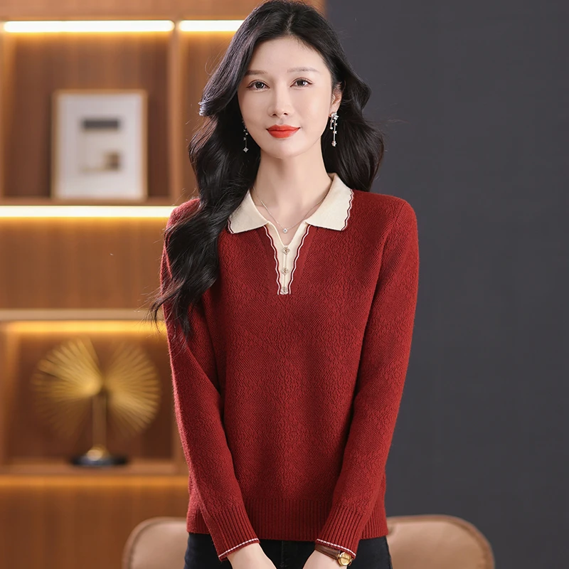 秋冬新款撞色时尚翻领针织衫女显瘦大气单穿上衣女简约洋气妈妈装