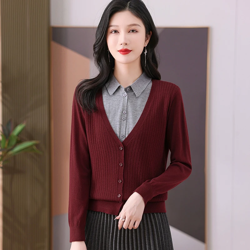 秋冬新款假两件翻领撞色百搭针织衫宽松显瘦长袖妈妈装