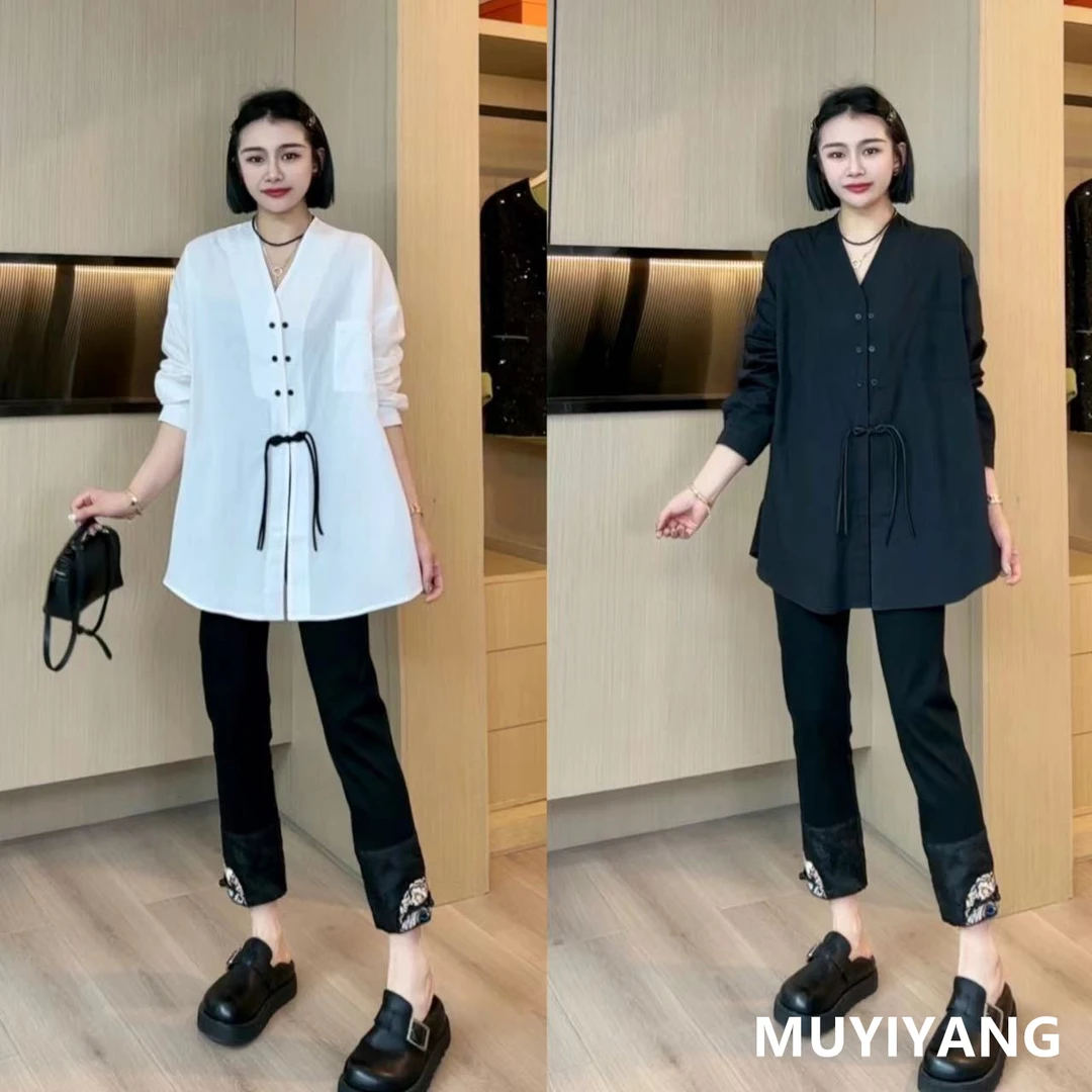 【木易杨】新中式轻国风V领中长款衬衫 衣长78 24-148#