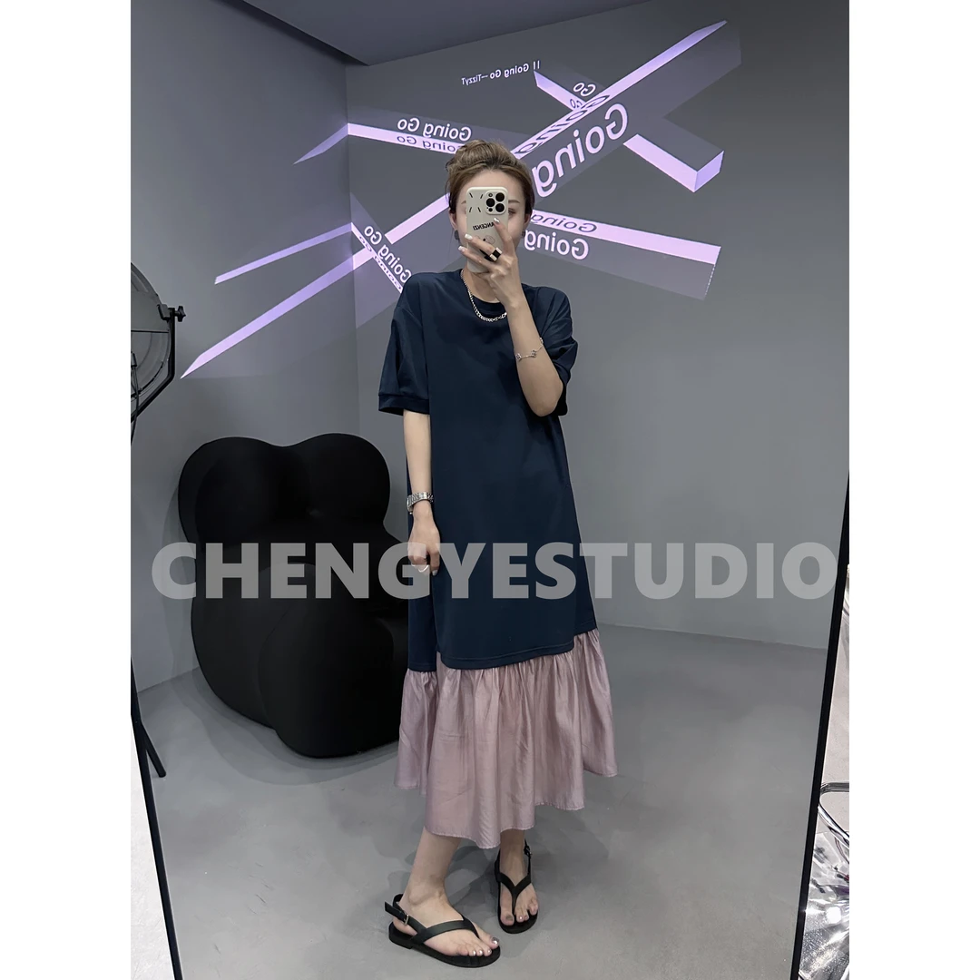 【意意】夏季设计感拼接撞色短袖连衣裙A字裙 衣长114 A-8237#