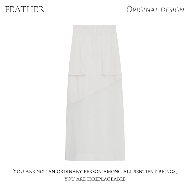鹿宝贝私服【FEATHER】设计师款不规则剪裁显瘦白色拼接半裙 Q017
