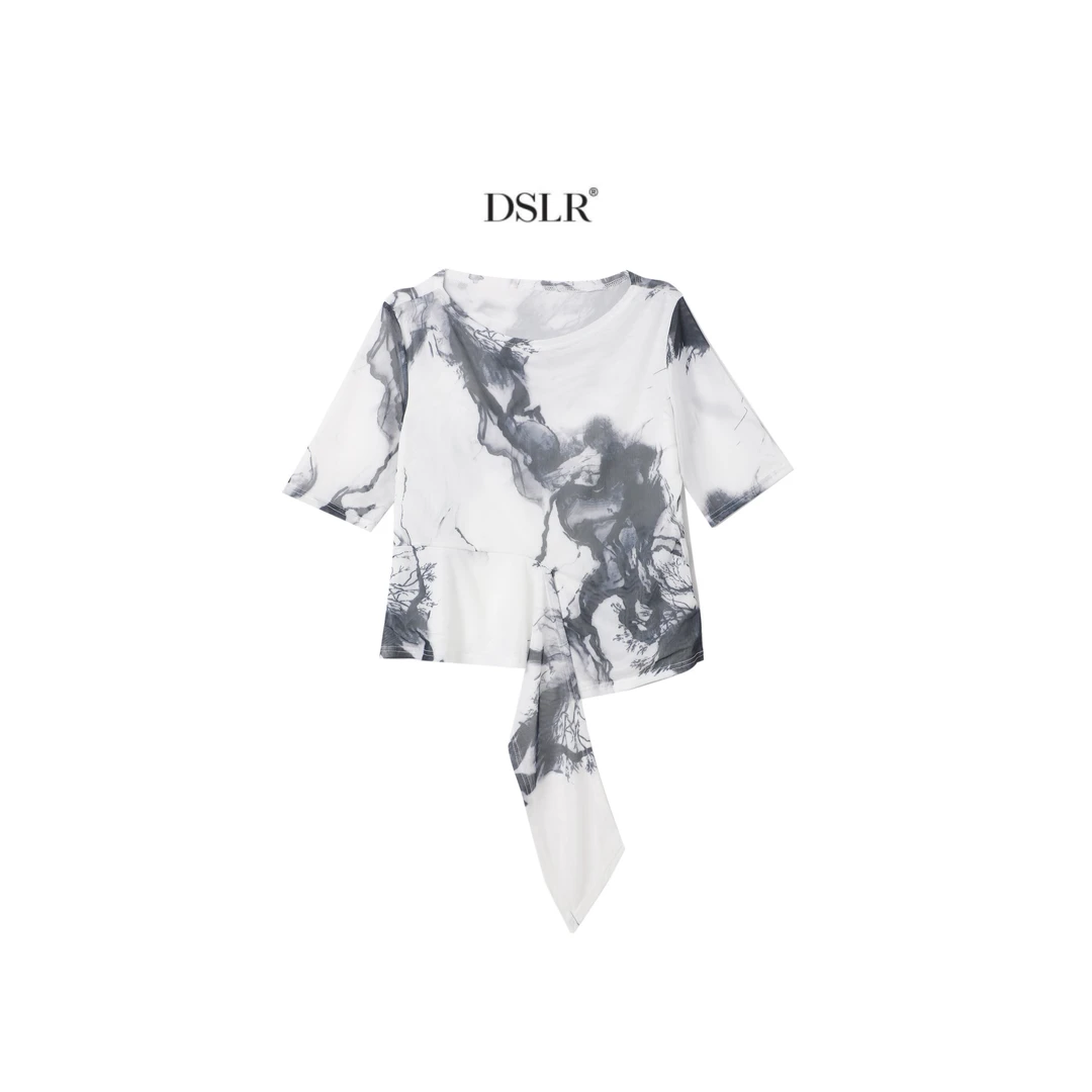 【梵星专属】新款国风晕染水墨画网纱t恤印花沙体中袖纱衣