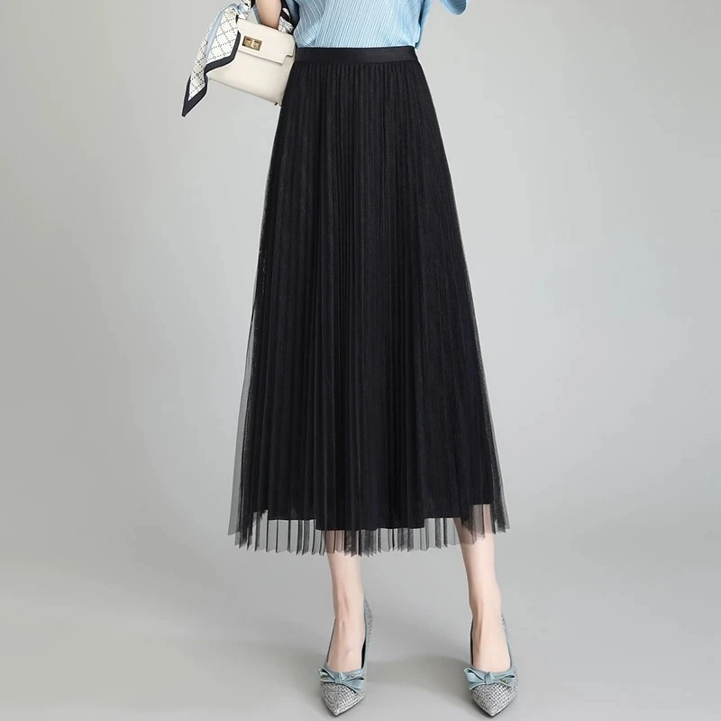 2025春夏褶皱半身裙高腰遮肉显瘦显高显腿长直播A字网纱裙洋气