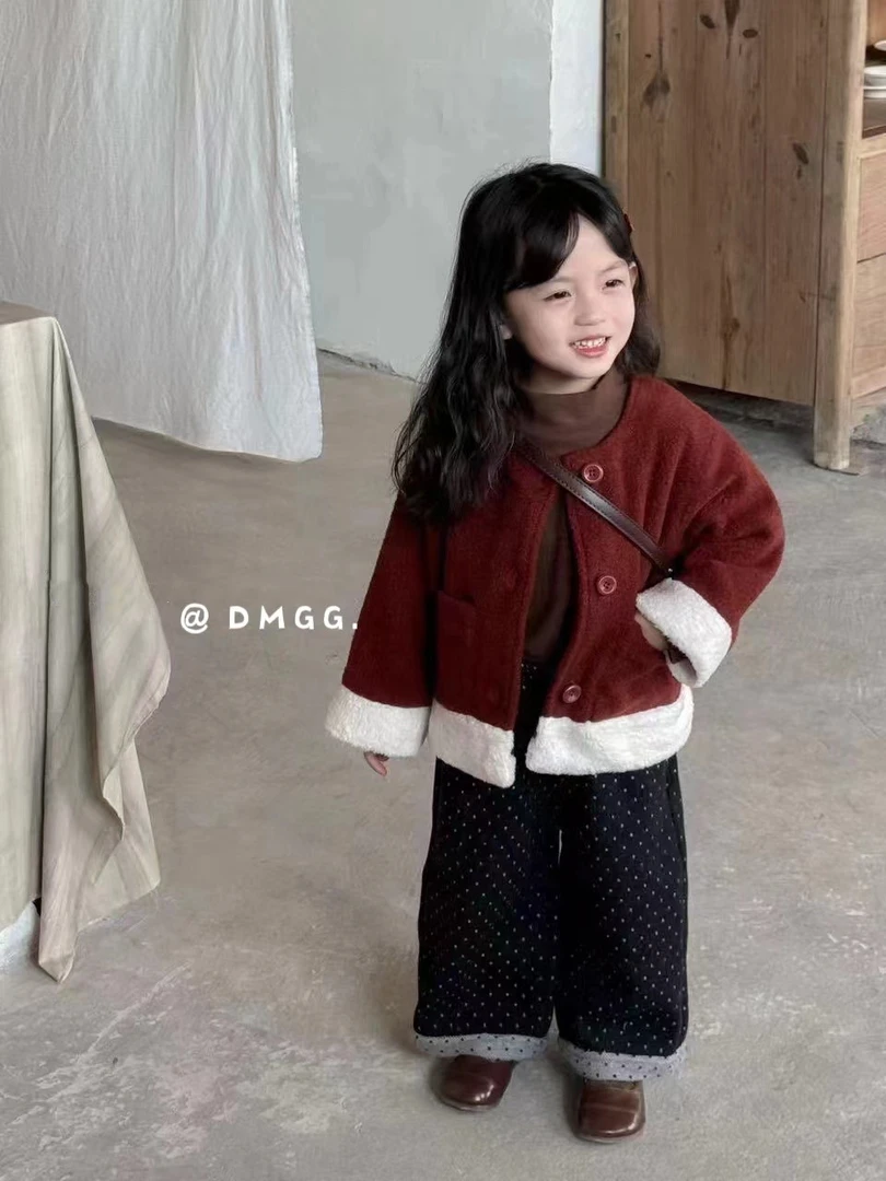 女童秋冬款2024时尚新款洋气呢子加厚外套加打底加绒波点裤3件套