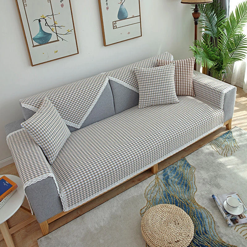 【小格-沙发垫三件套】棉麻加厚粗布沙发垫三件套