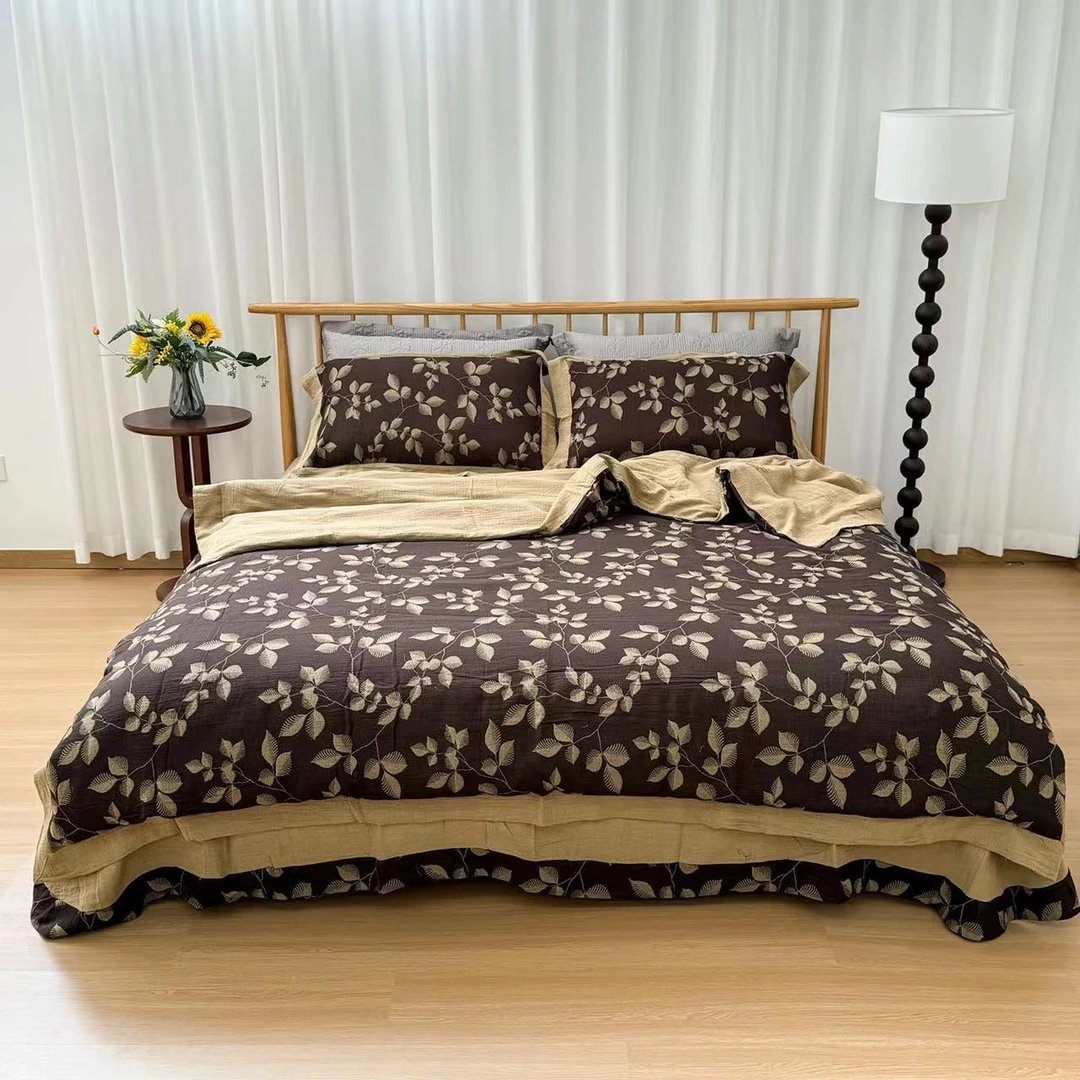 【落葵-深咖】专版定制 高端全棉色织双层纱四件套