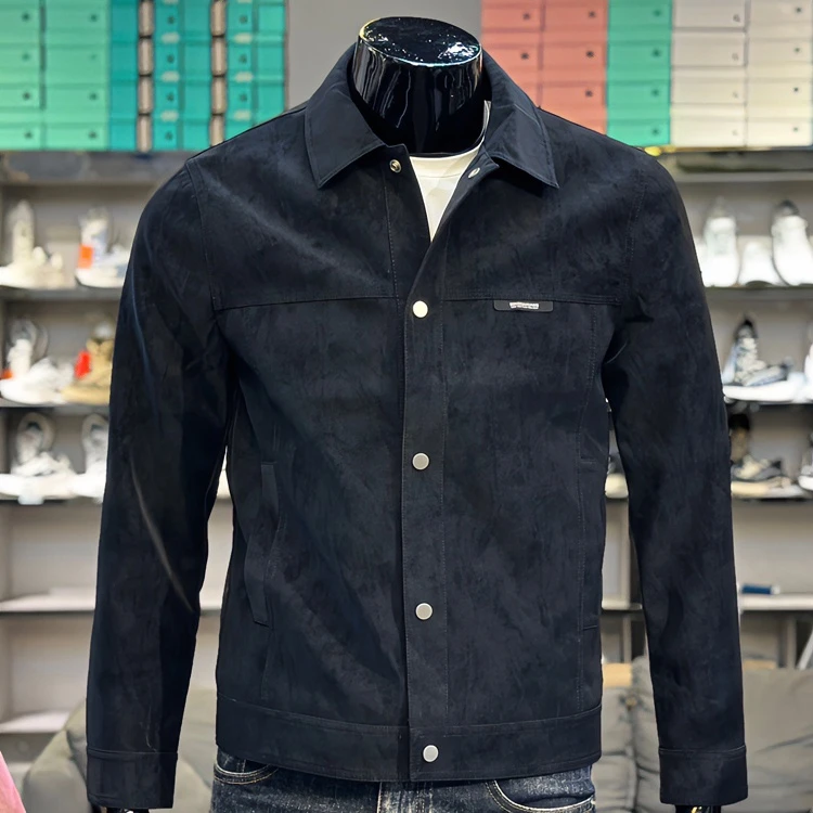 新款轻奢商务上衣翻领皮衣秋季男士磨砂皮夹克青年修身男休闲外套