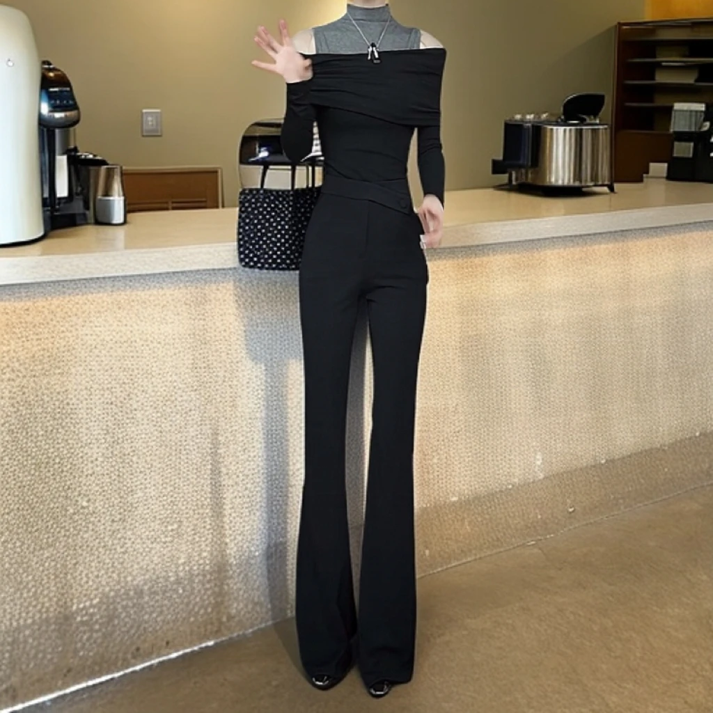 高腰两粒黑色不规则腰头设计微喇休闲裤女2025新款修身显瘦