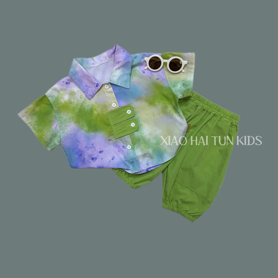 2024男童新款韩版潮流夏款儿童渐变色衬衫套装--052