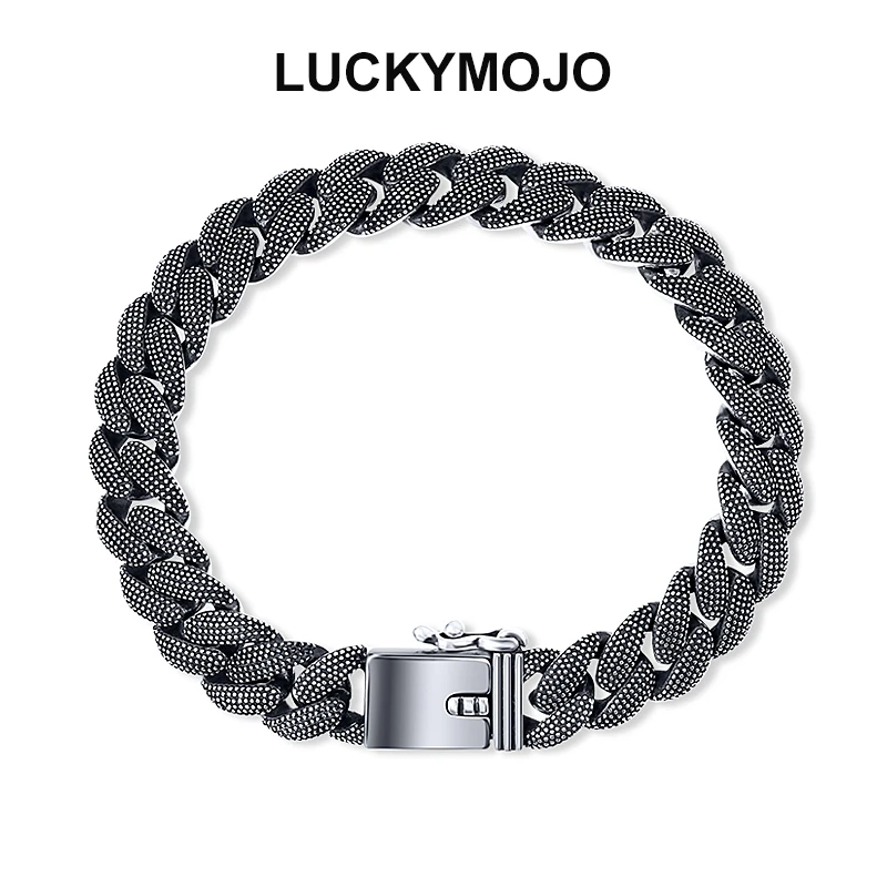LUCKYMOJO 925银手链 双面可戴个性古巴链男士小众手工做旧银手链