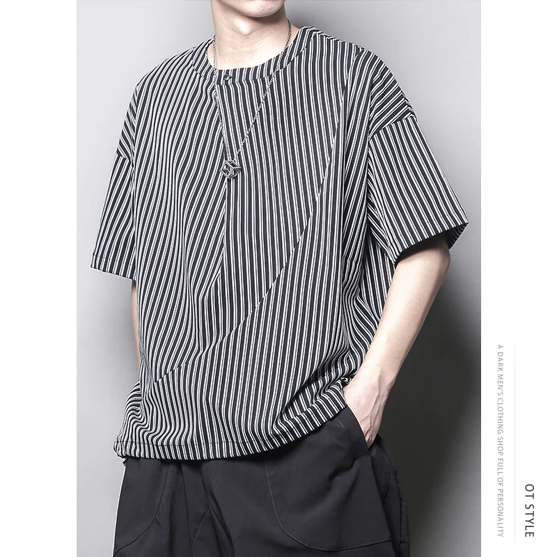 1043日系潮牌不规则条纹拼接抽绳设计感短袖T恤上衣男发型师大码