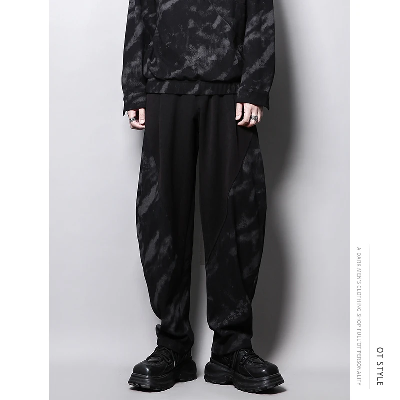 6963秋冬暗黑系不规则剪裁拼接印花个性宽松哈伦休闲裤九分裤长男