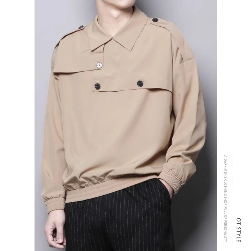 秋季网红男装潮牌设计高级感翻领卡其色套头大码长袖衬衫卫衣衬衣
