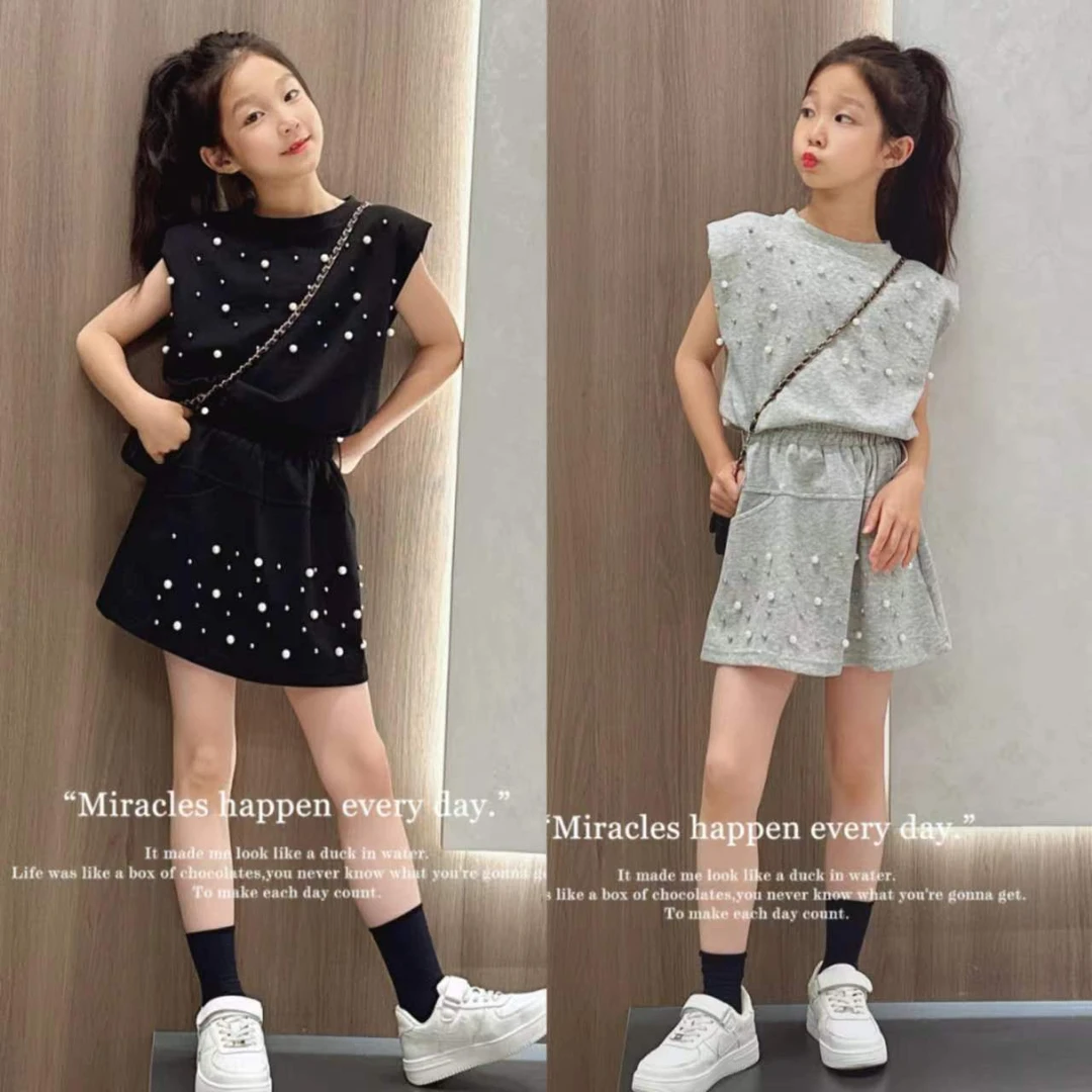 女童重工珍珠套夏季时尚休闲夏季气质潮洋气设计师洋气个性两件套