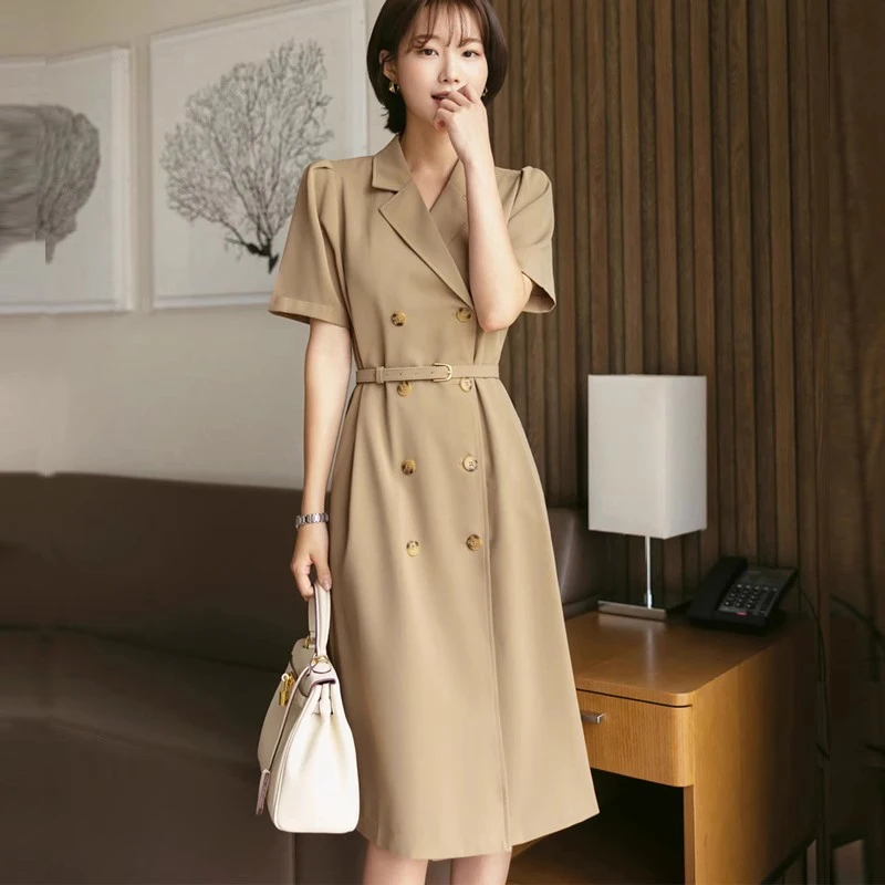 西装领1473西服连衣裙职业女装OL气质收腰工作长裙2025夏季薄款