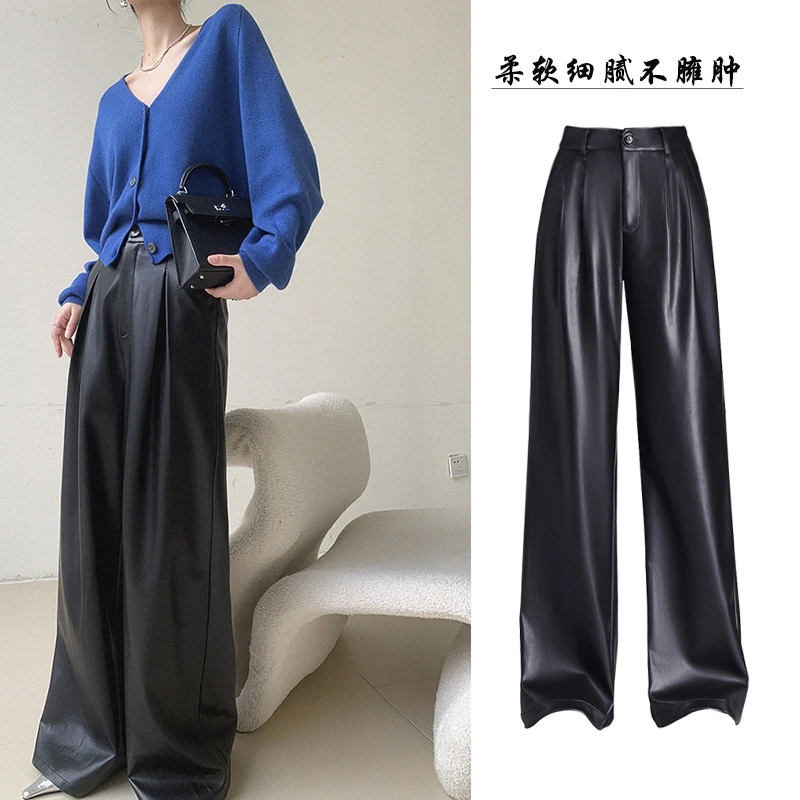 又A又飒~秋冬防寒防风阔腿皮裤高个子推荐长裤宽松显瘦遮胯皮裤女