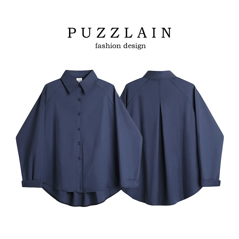 【棉衬衫 品质感】春秋外穿藏青色衬衫女 通勤职业衬衣插肩袖上衣女