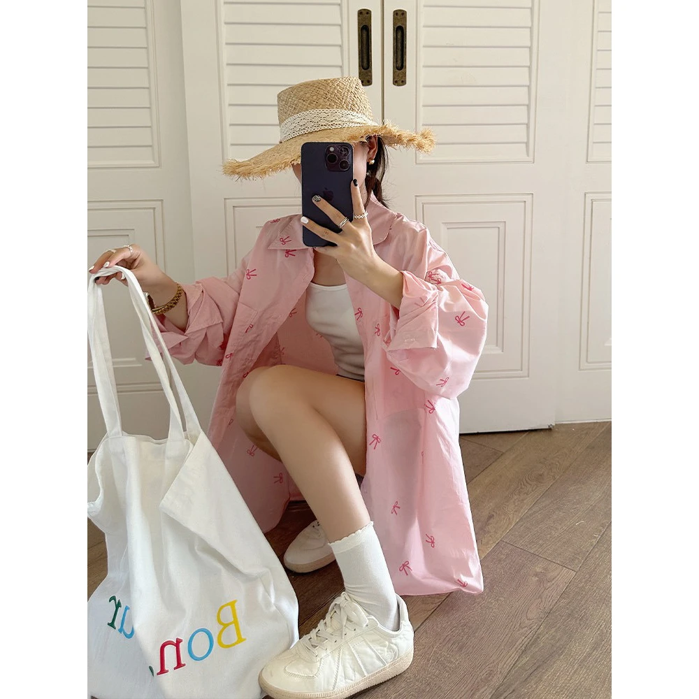 【少女心】美美粉色蝴蝶结印花衬衫女2024夏季休闲衬衣遮阳防晒上衣
