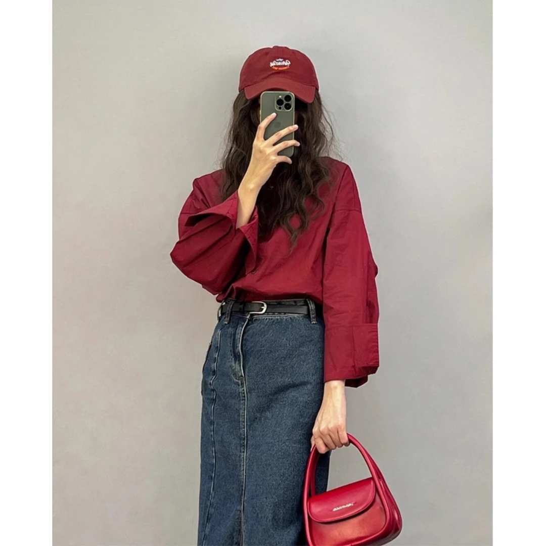 【安可拉红】复古配色廓形剪裁酒红色衬衫女春秋中长款宽松休闲衬衣