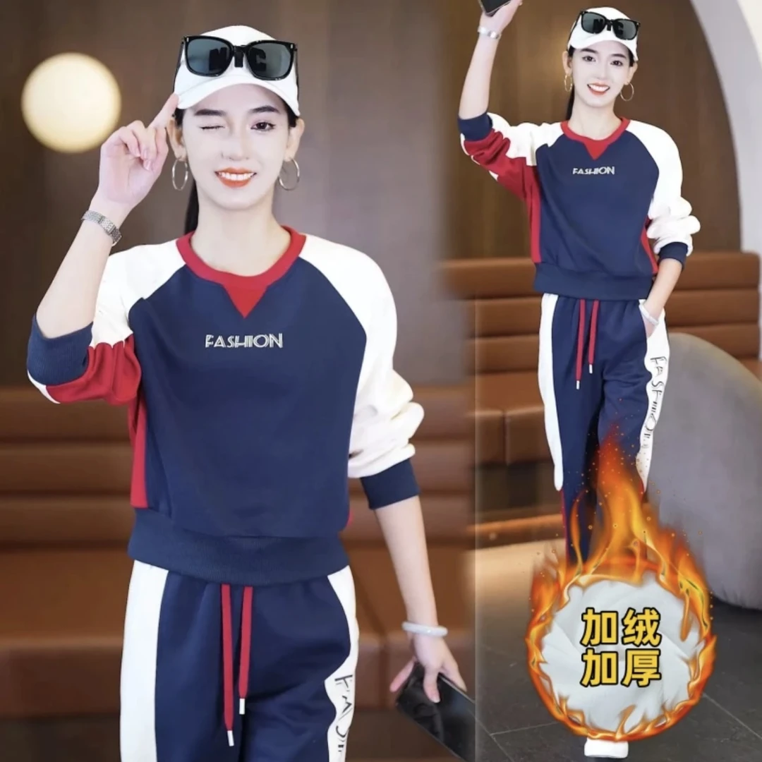 秋冬加绒加厚时尚套装柔软洋气减龄时髦新款卫衣长裤韩版两件套