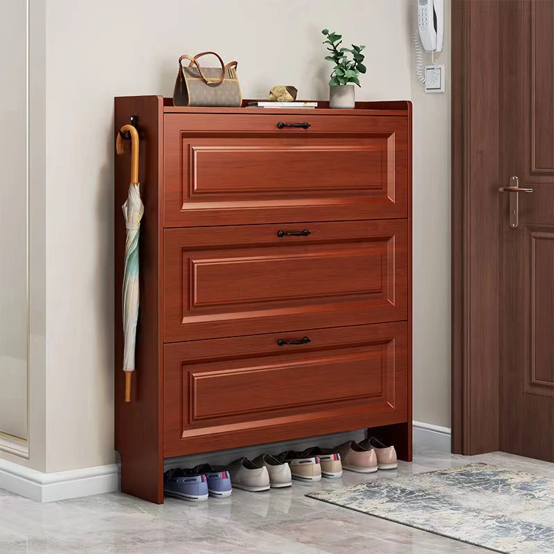 现代中式红木色超薄翻斗鞋柜17cm家用门口窄门厅省空间大容量鞋架