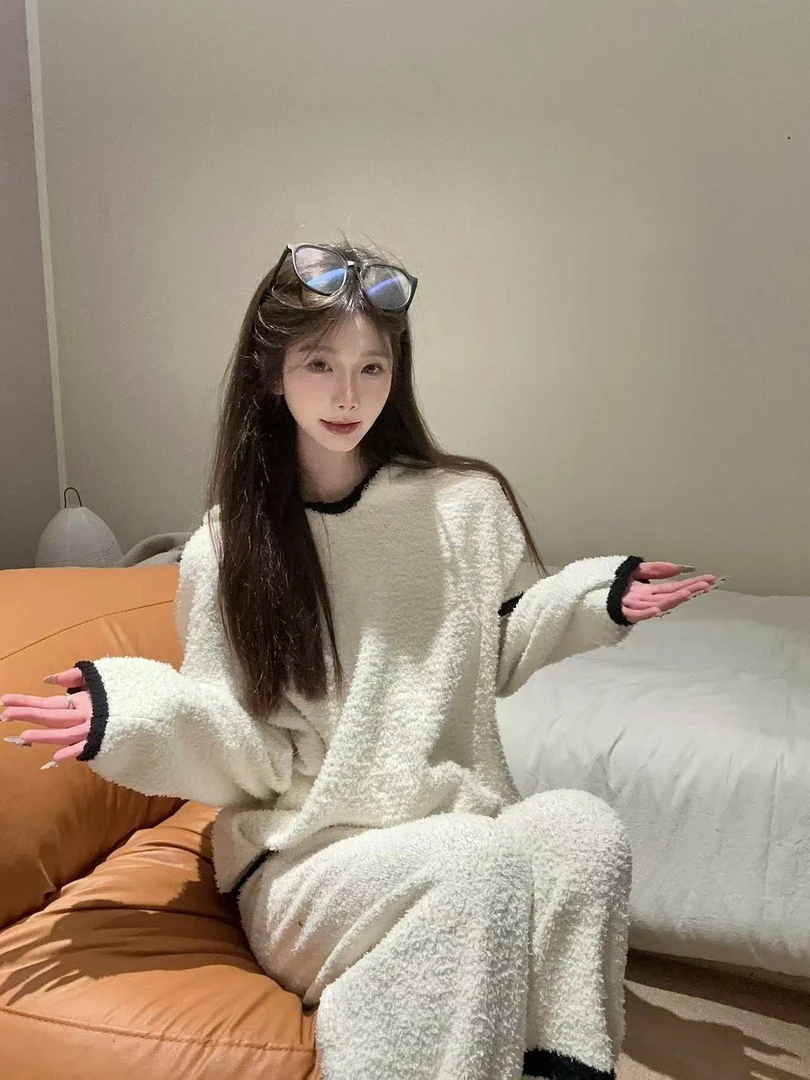 【YOYO】一冬款半边绒条纹毛绒针织睡衣连帽家居服大码套装#创-8676