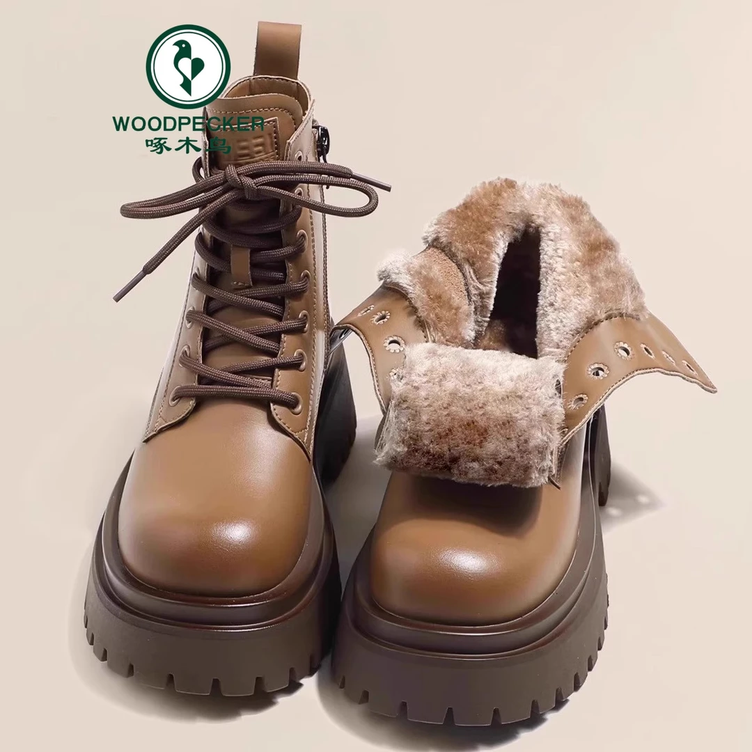 啄木鸟爆款加厚潮增高女2025新冬加绒短靴保暖东北棉鞋厚底马丁靴