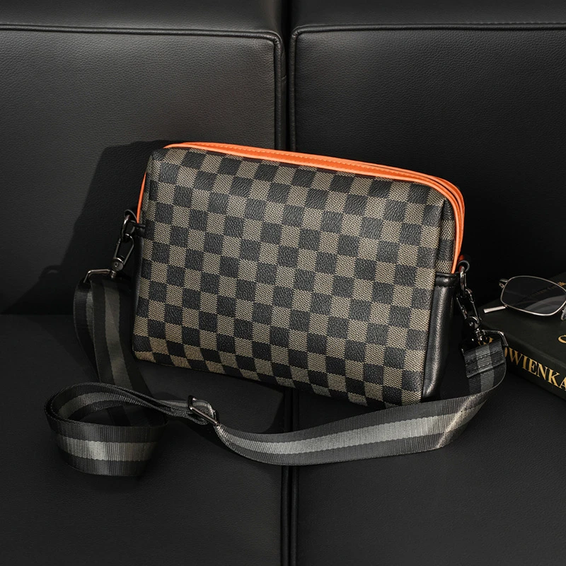 方盒形拉链方形光面一层包挎包商务格子潮男韩版肩包