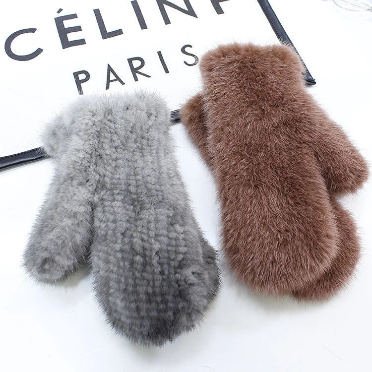 秋冬新款韩版时尚水貂毛手套女士冬季加厚编织弹力保暖连指手套