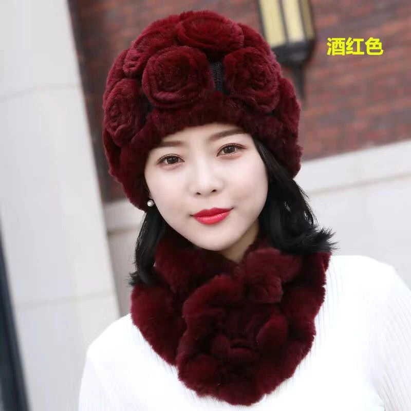 兔毛盘花帽子大花帽妈妈帽子皮草帽冬季中老年百搭加厚秋冬护耳帽