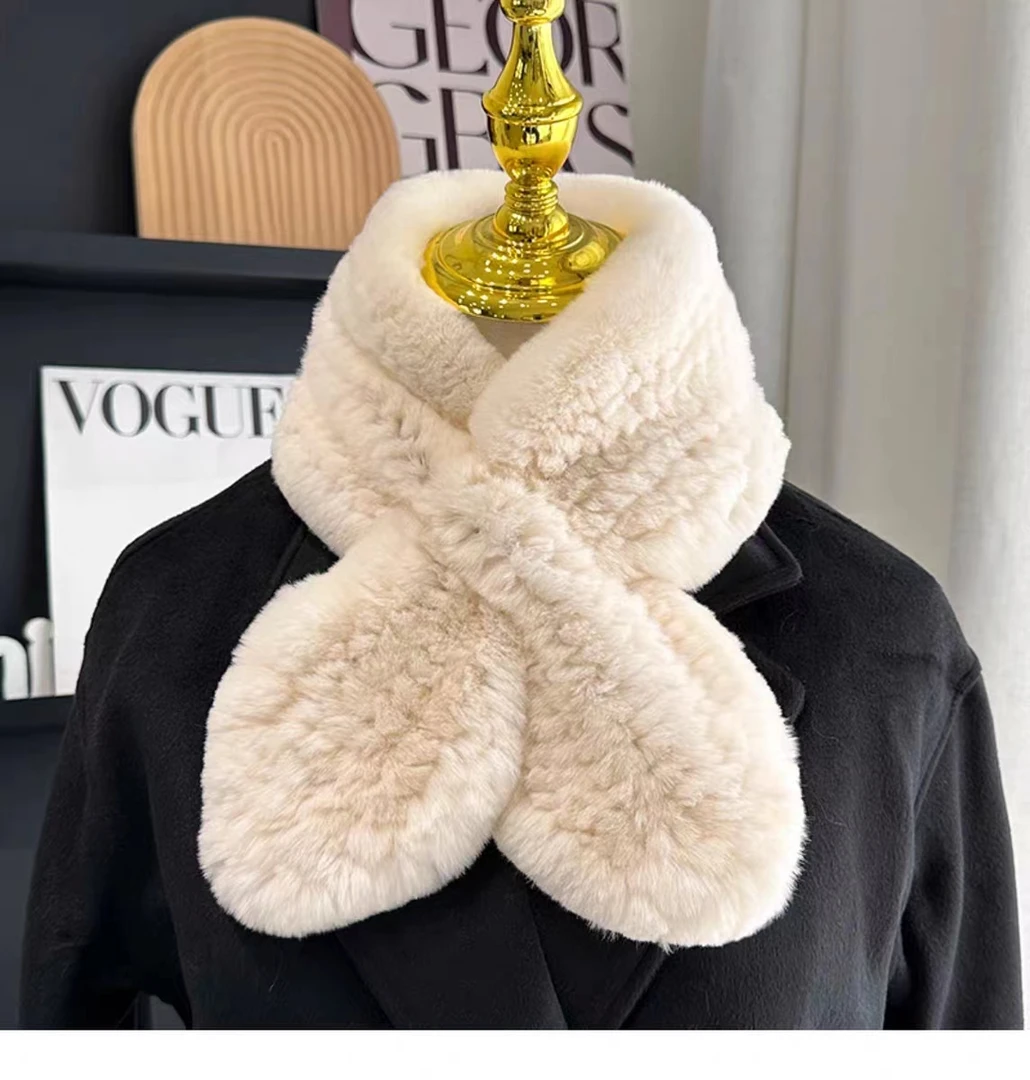 真獭兔毛围巾简约编制毛毛围脖双面毛绒保暖加厚百搭时尚冬款学生