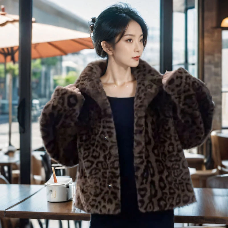 【奎谨优选】经典豹纹外套秋冬时尚新款加绒加厚外套皮毛一体大衣女