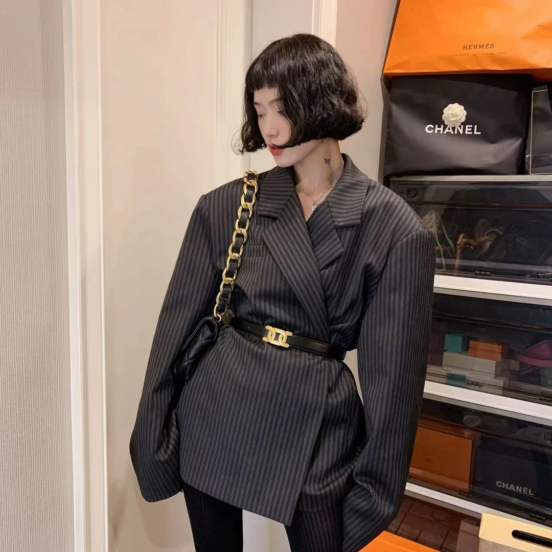 wyd小樱桃高级感黑灰竖条纹西装简约时尚宽松