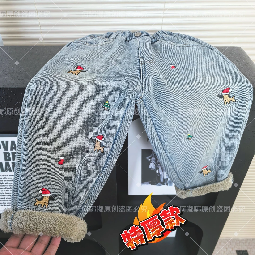 儿童加绒裤子2024冬装新款宝宝加厚一体绒儿童冬季羔羔绒牛仔裤潮