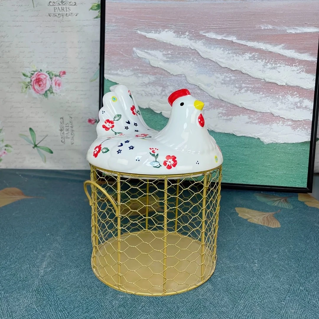 【鸿硕瓷器】陶瓷鸡蛋篮创意母鸡收纳篮水果杂物筐厨房铁艺装饰