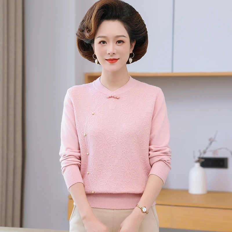 妈妈装春秋国风毛衣洋气减龄时尚宽松打底上衣中老年弹力针织衫女