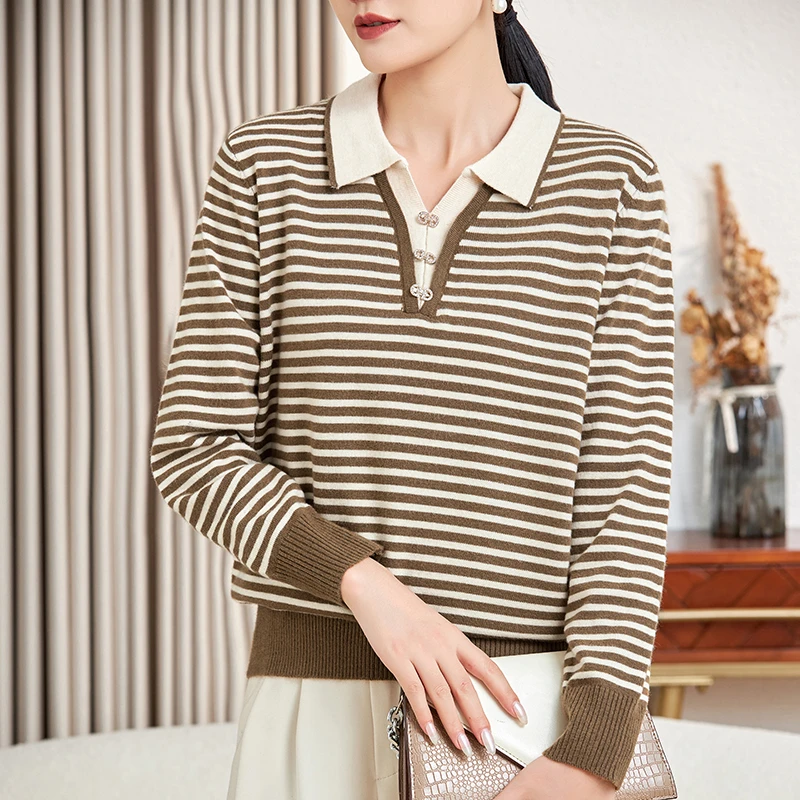 中老年女装春秋装条纹衫翻领打底妈妈装小衫时尚洋气减龄针织上衣