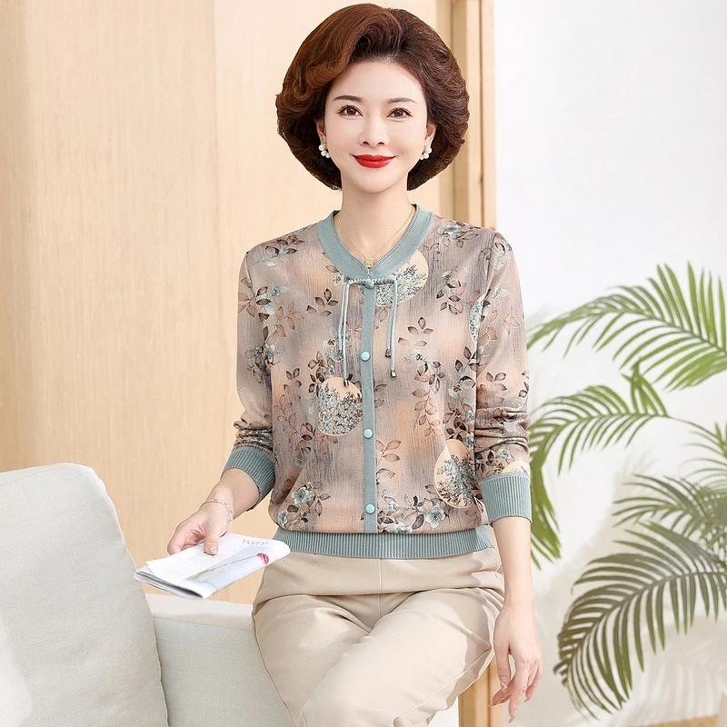 中老年女装春秋新中式长袖小衫洋气减龄妈妈装打底衫上衣中年毛衣