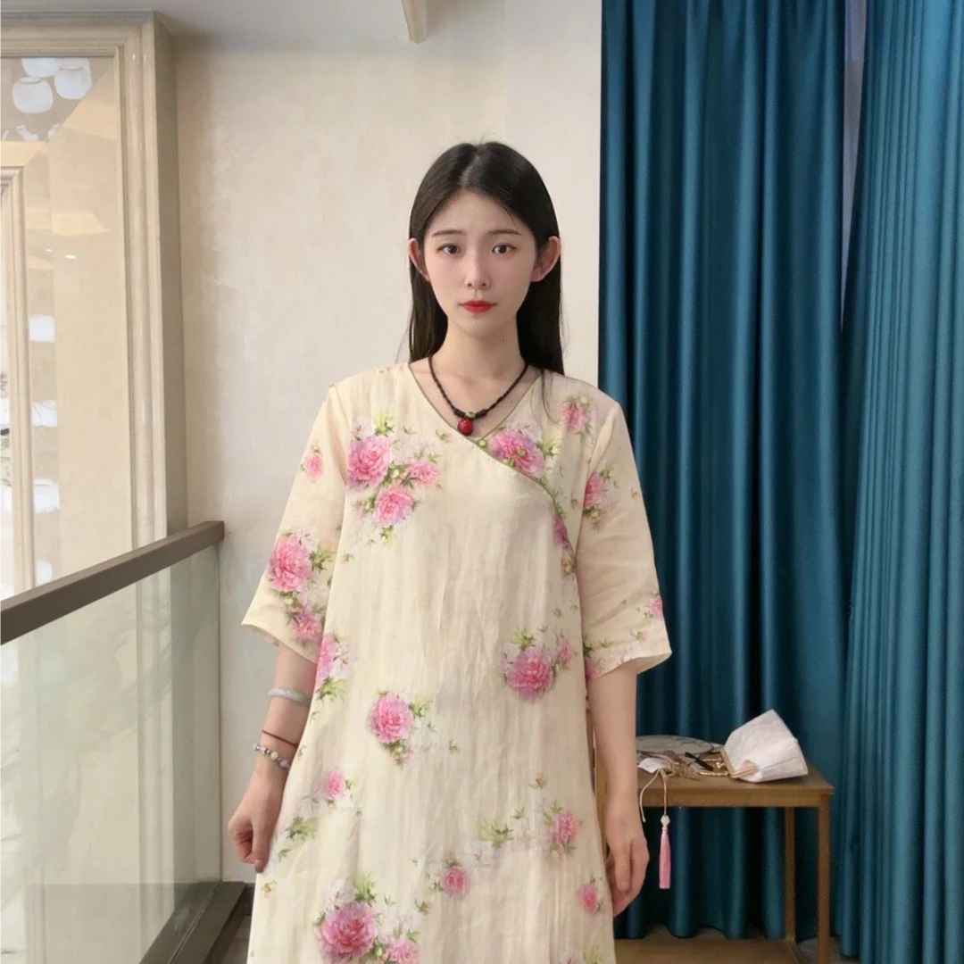 8163【国色天香】新款苎麻国风双层长款裙