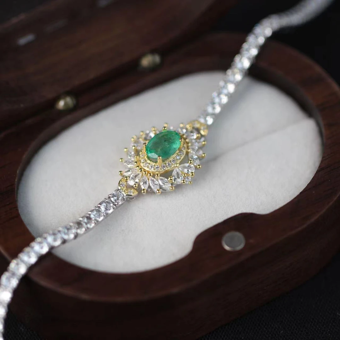 天然祖母绿手链S925银镶嵌双色豪华满钻椭圆花朵轻奢精致时尚饰品
